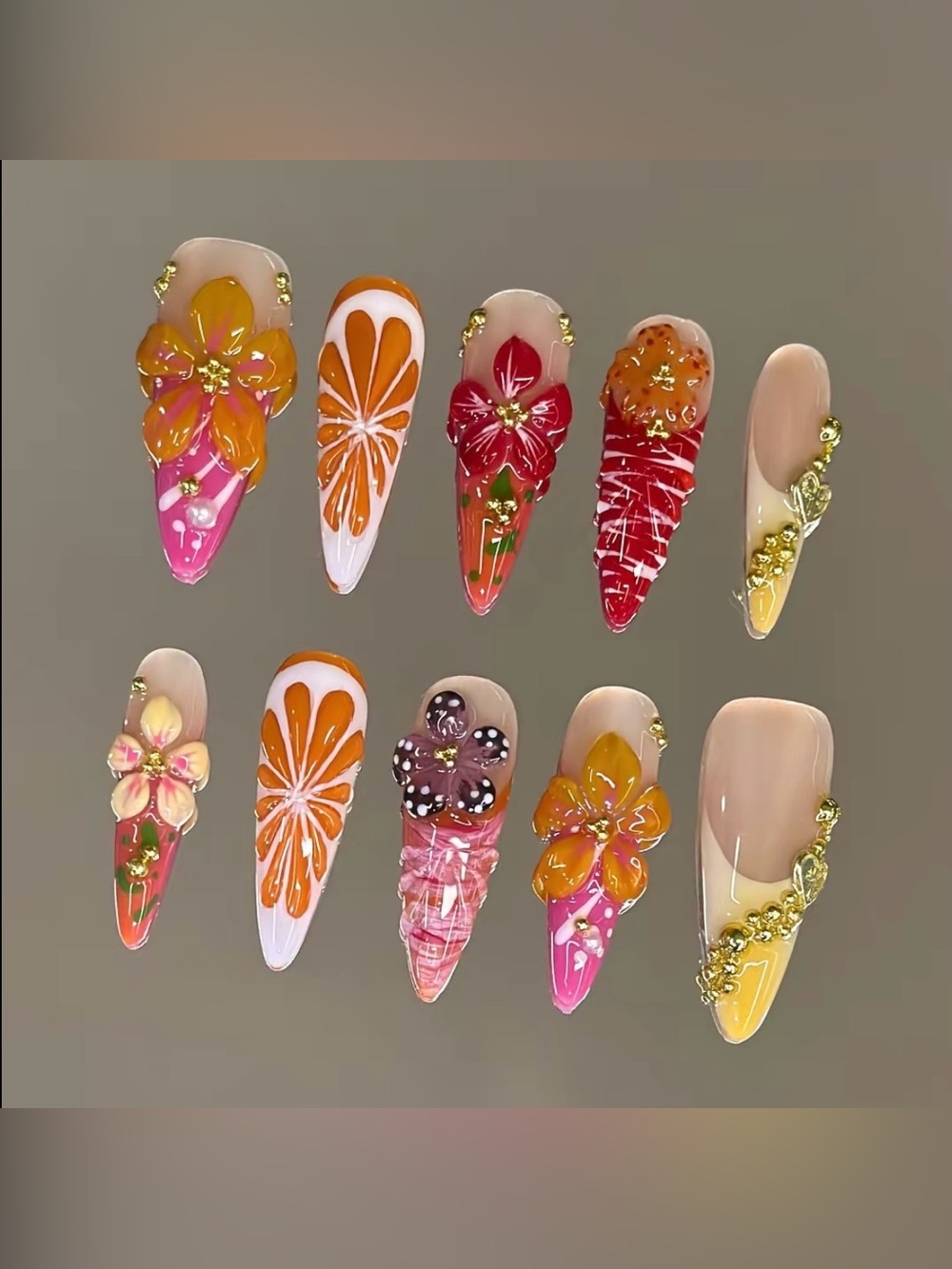 NailVesta Stiletto Press-On Nail Set - Citrus Daisy